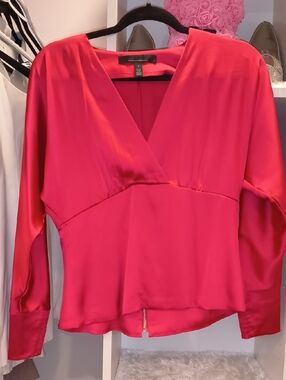White House Black Market Hot Pink Satin V-Neck Blouse